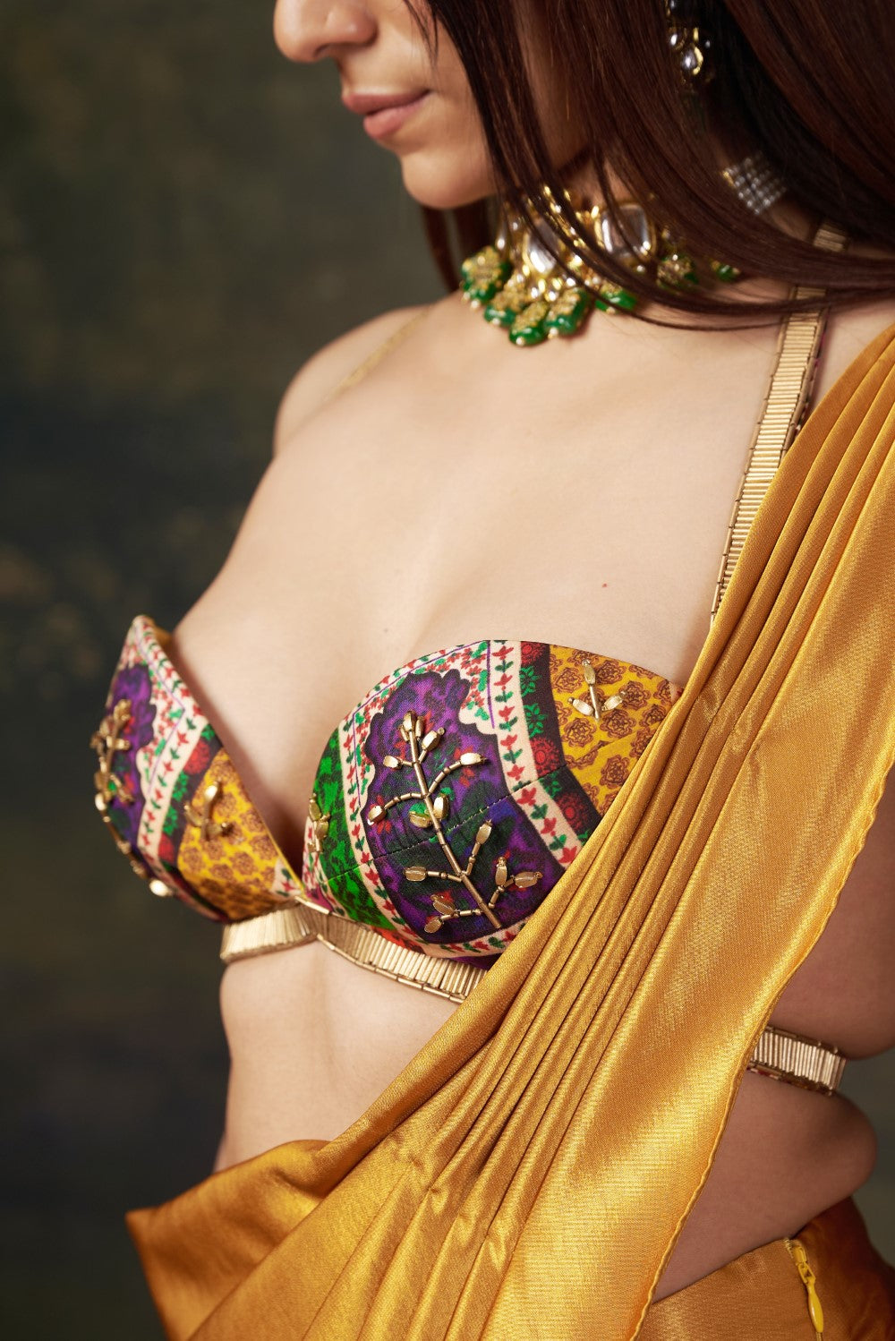 Bold Bralette Blouse with Hand-Embellished Liquid Gold Pre-Draped Saree
