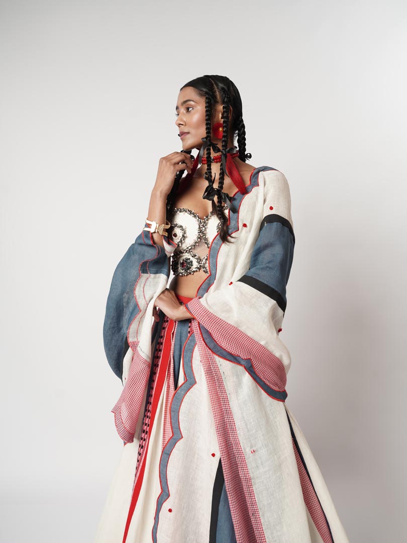 GAMCHA &NAGA DUO PANELLED LEHENGA SET