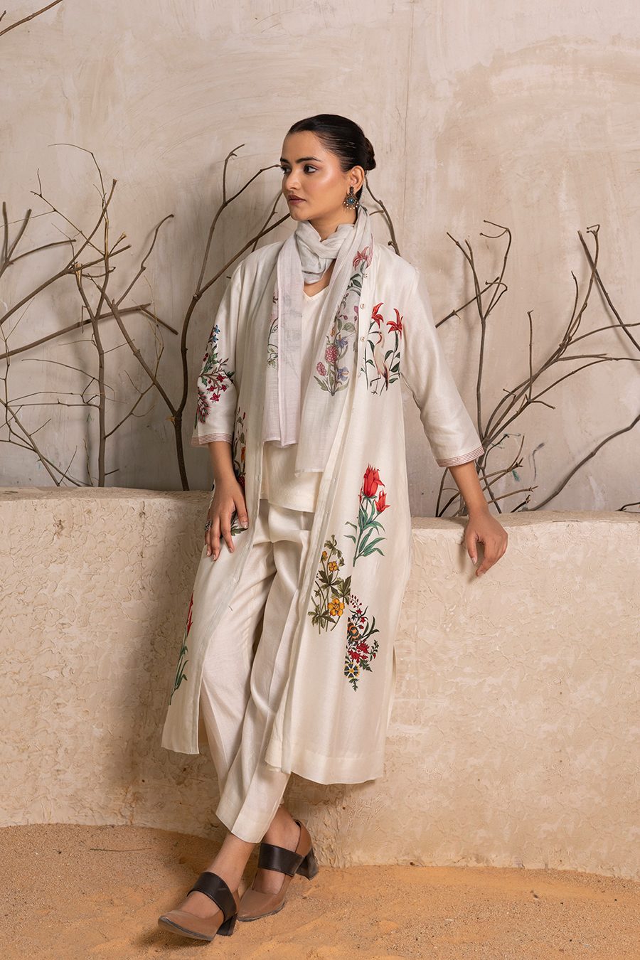 Ivory Silk Chanderi Floral Printed Front Open Dress (1 PC)
