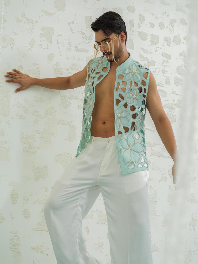 Blue Cutwork Floral Bundi only