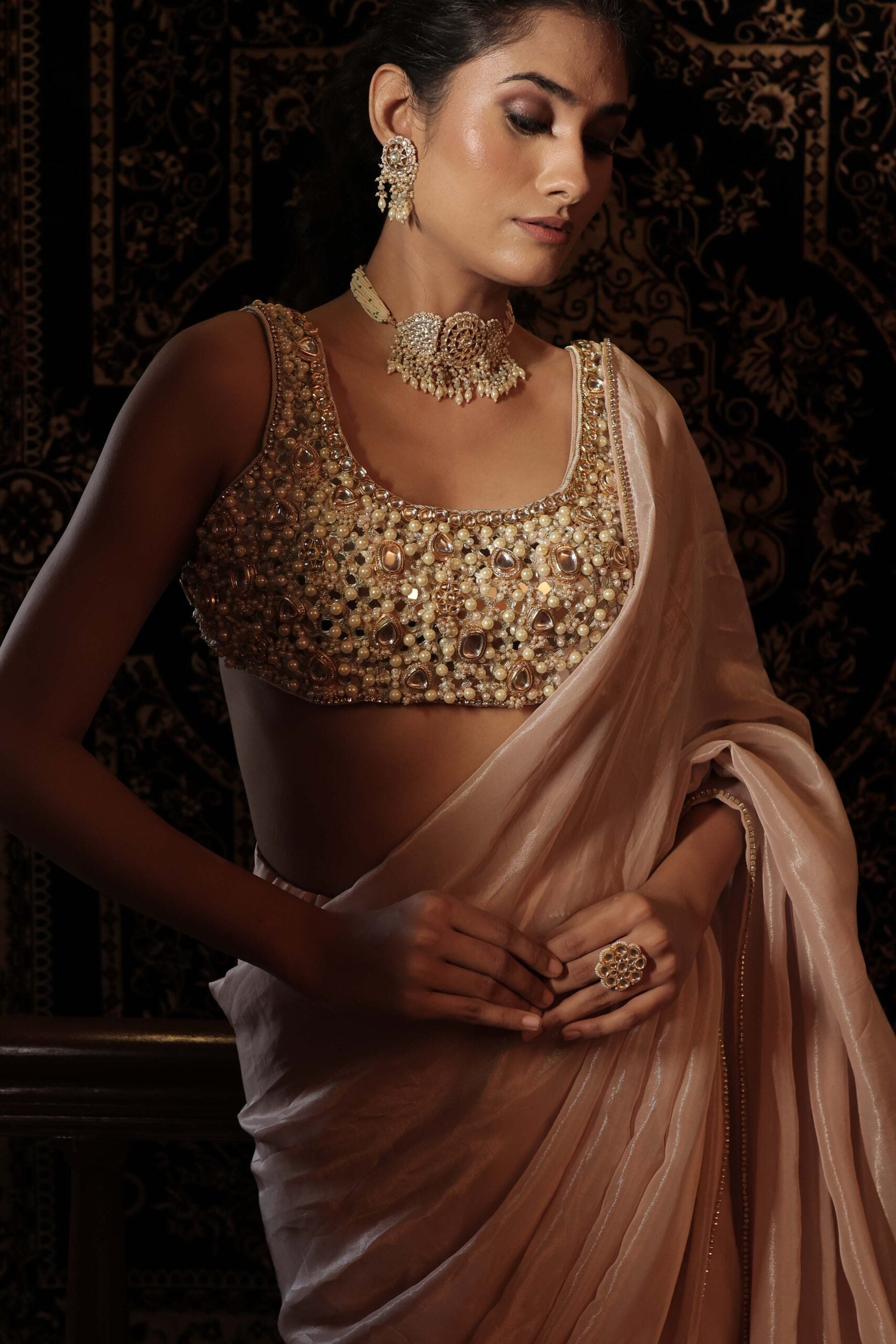 The " Hiramoti " saree set /Blush pink kundan and pearl embellished tissue saree set