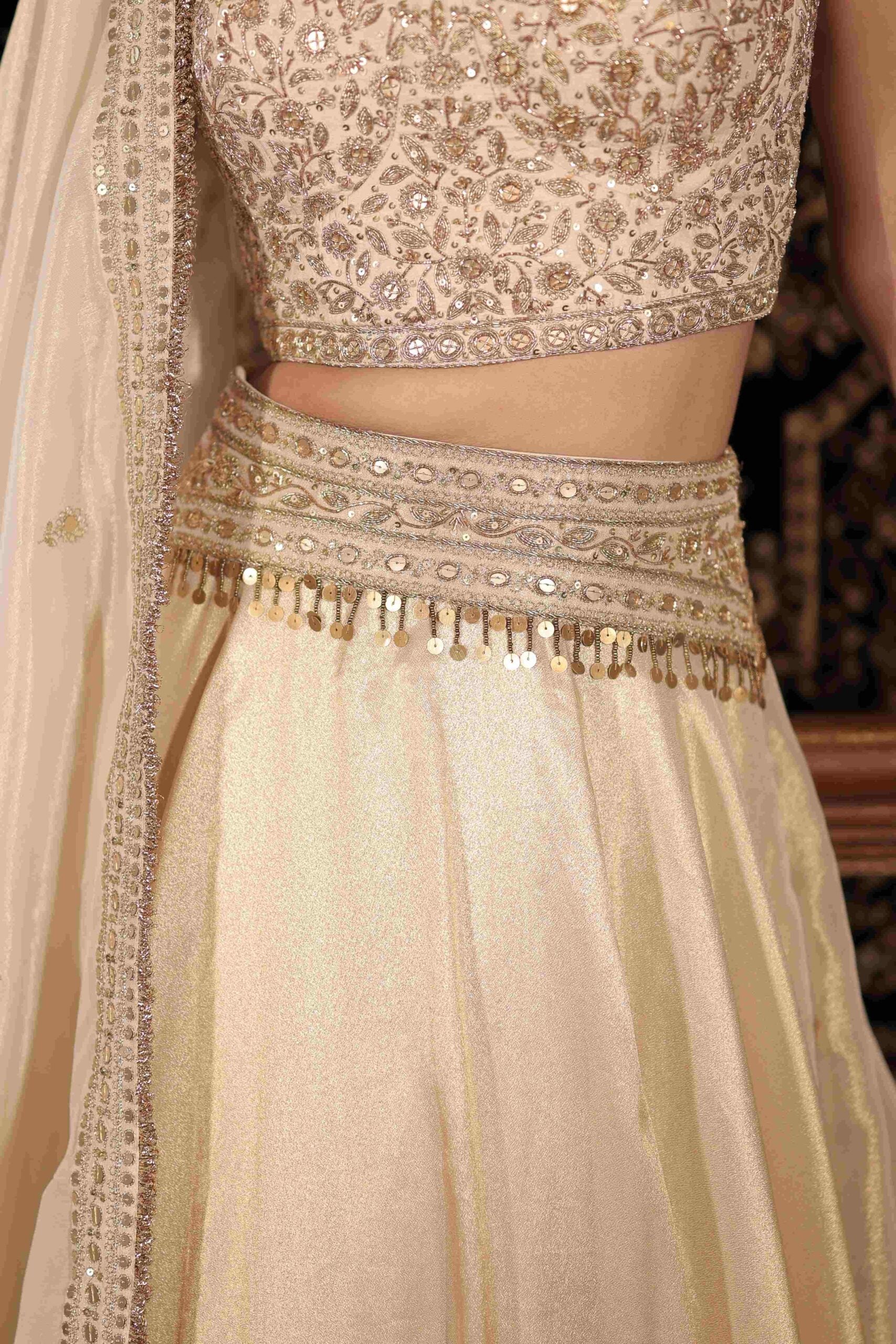 The "Roopmati " lehenga set / Ivory gold zardozi floral embroidered tissue lehenga set