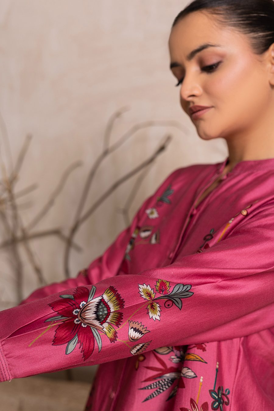 Old Rose Silk Chanderi Printed Shirt Style Tunic (1 PC)