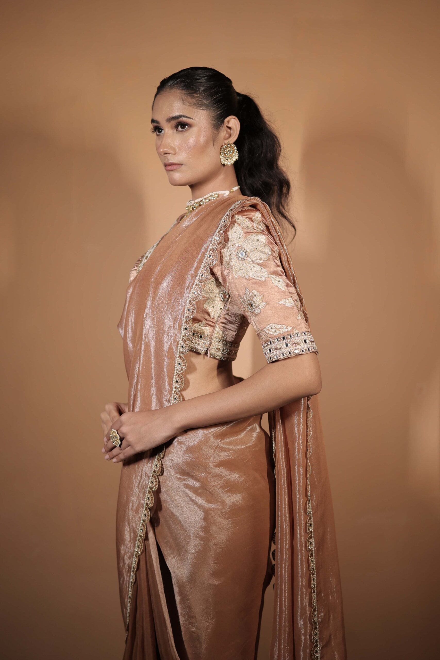 The " Whisparing Rose " saree set /Rose gold zardozi and mirror embroidered banarasi blouse and tissue saree set