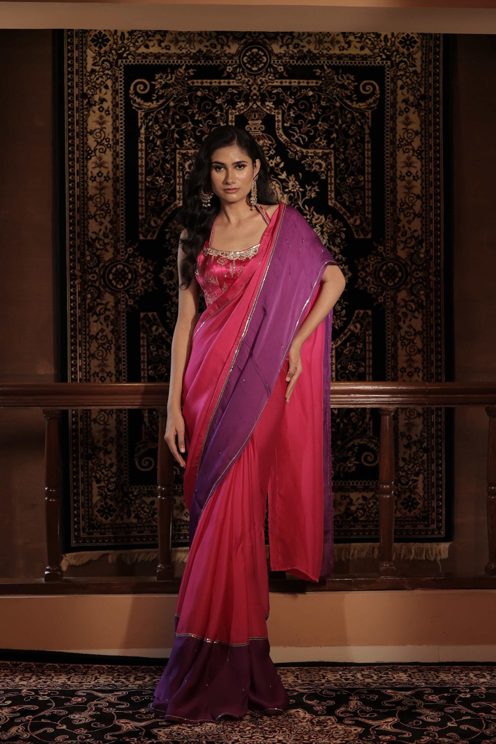 The " Gulabo " Saree Set /Pink jewel and pita work banarasi blouse and satin organza saree set