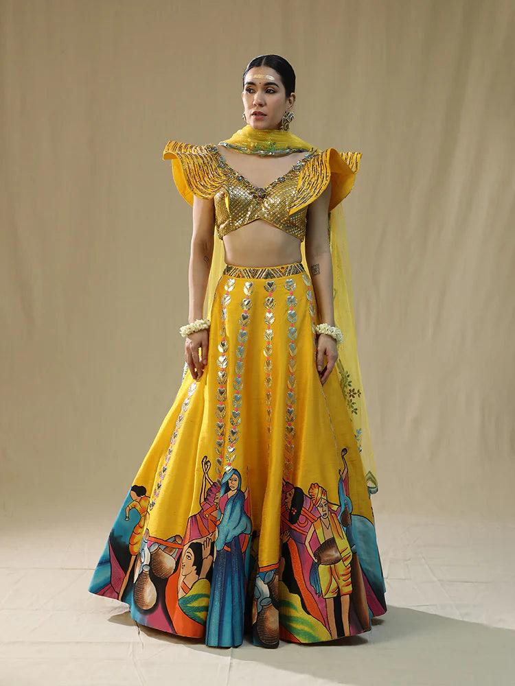 yellow modern baraat lehnga set