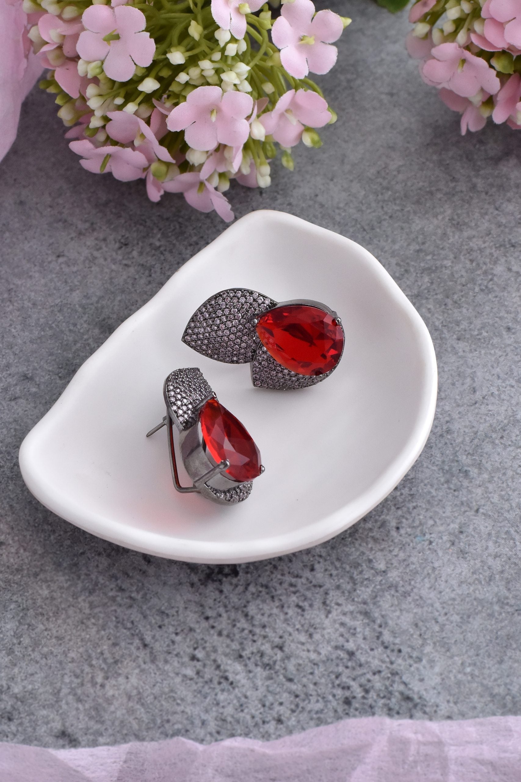 Red and Purple Grey Tone Zirconia Stud Earrings