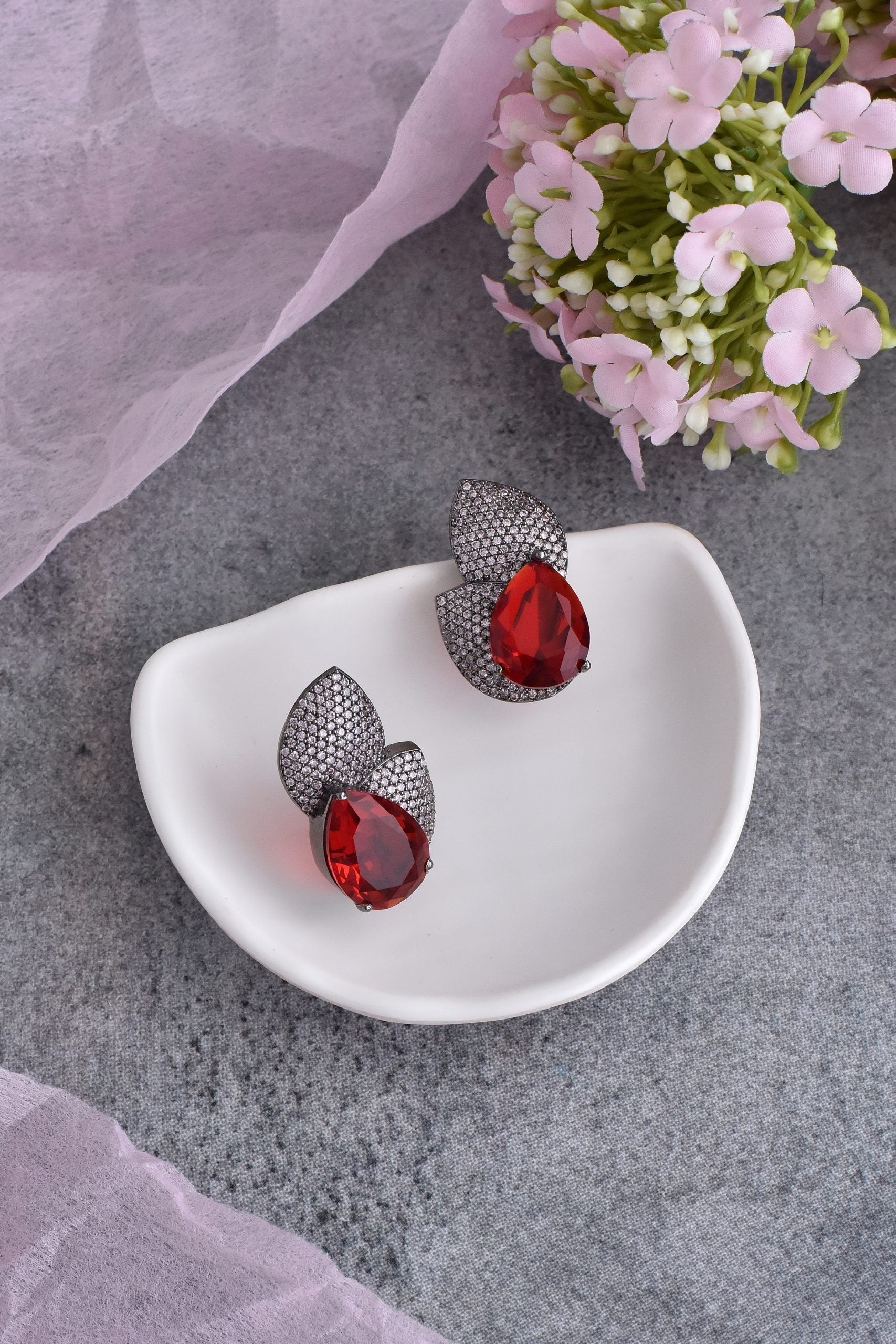 Red and Purple Grey Tone Zirconia Stud Earrings