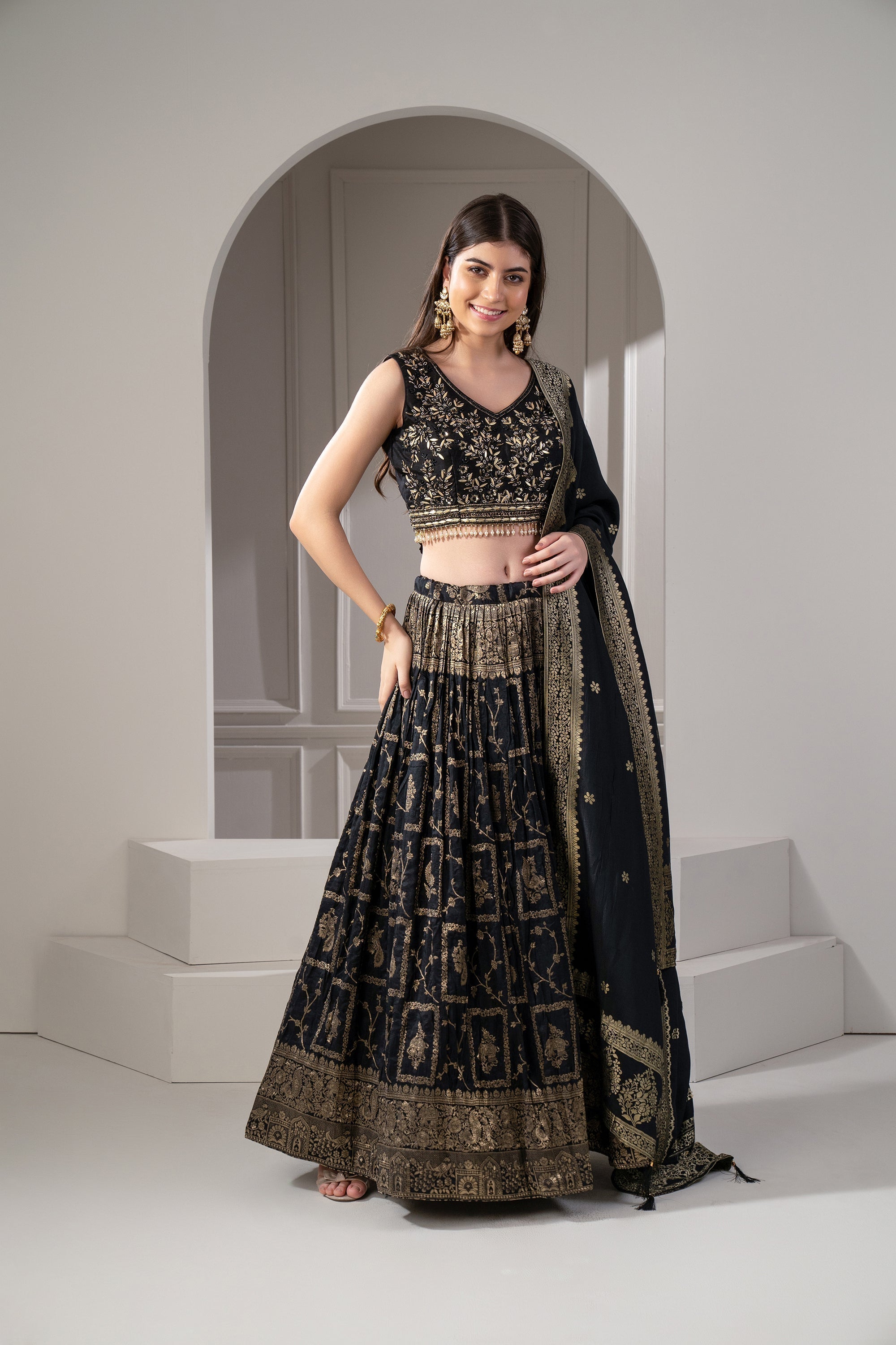 Onyx Black Semi Silk Printed Lehenga Set.