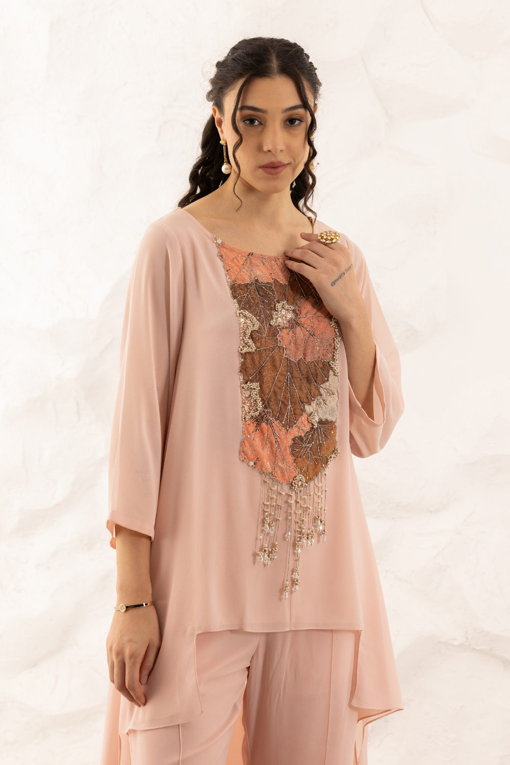 Kiara Rose Pink Georgette Co-ord Set with Applique Yoke Work