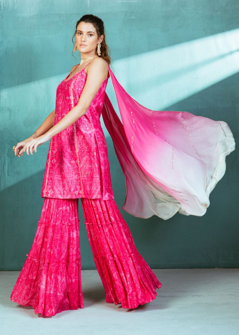 Fuschia Pink Chanderi Kurta Sharara Set