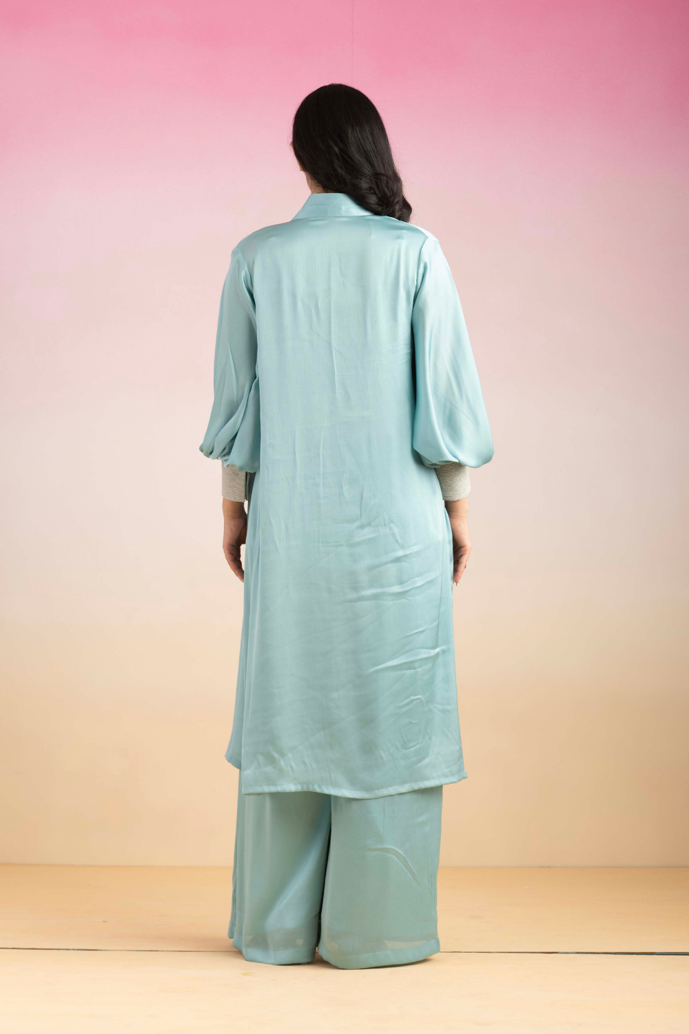 Sky Blue Chiffon Kajal Co-ord Set with Flowy Shrug & Flared Pants