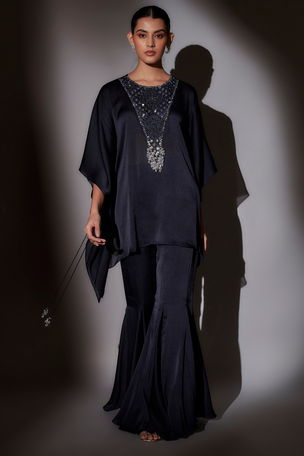 Navy Blue Satin Chiffon Flora Short Kaftan Set with Sharara