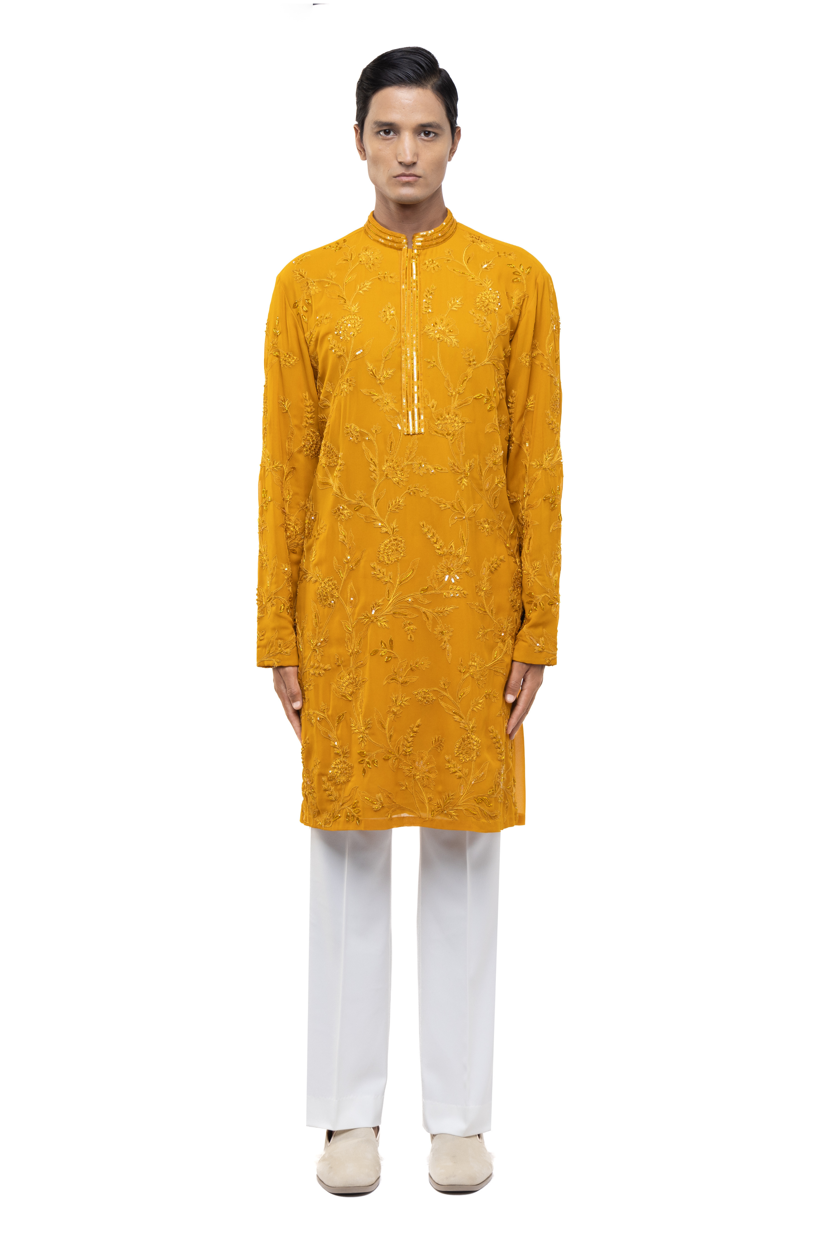 Yellow Georgette Floral Embroidery Kurta Set