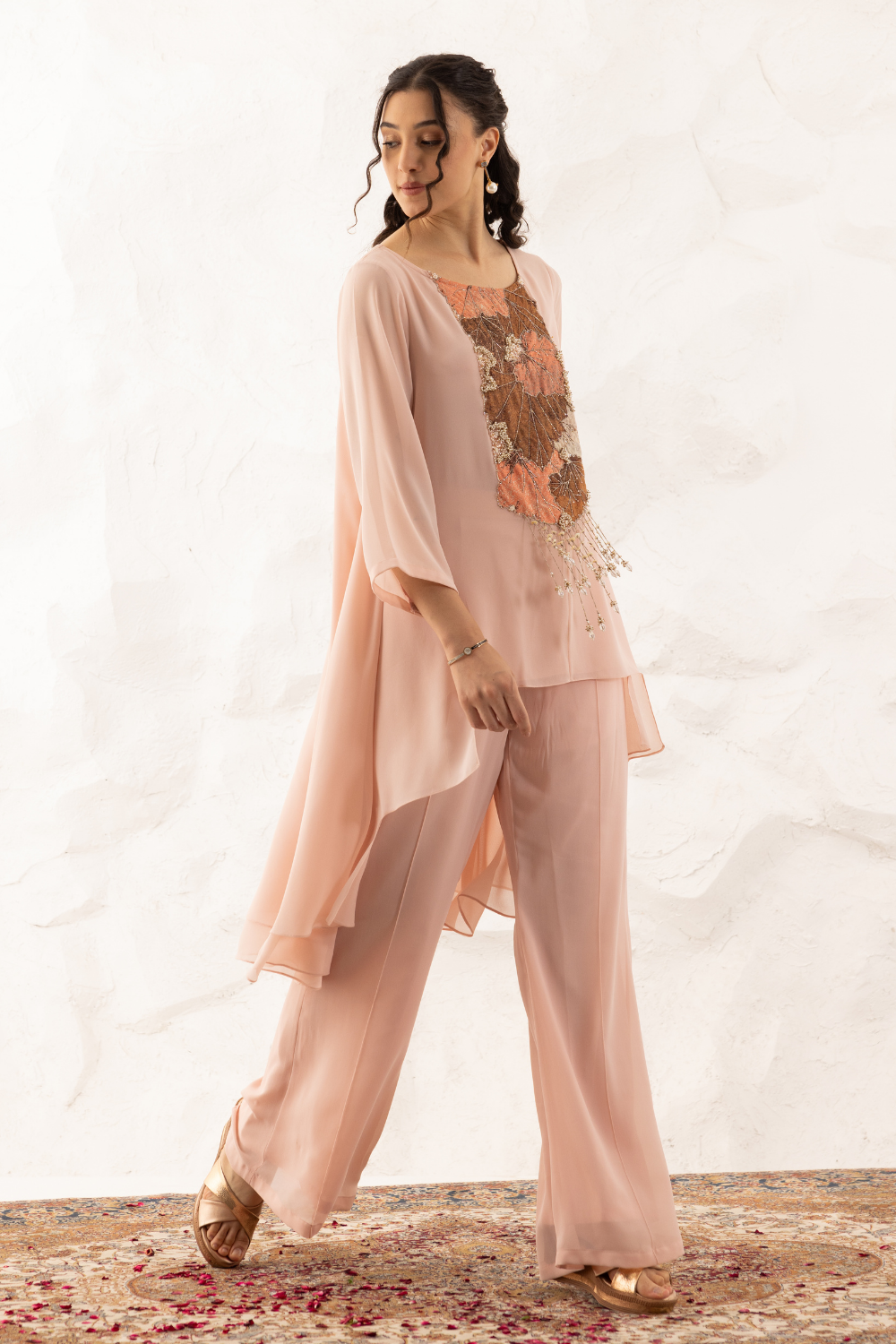 Kiara Rose Pink Georgette Co-ord Set with Applique Yoke Work