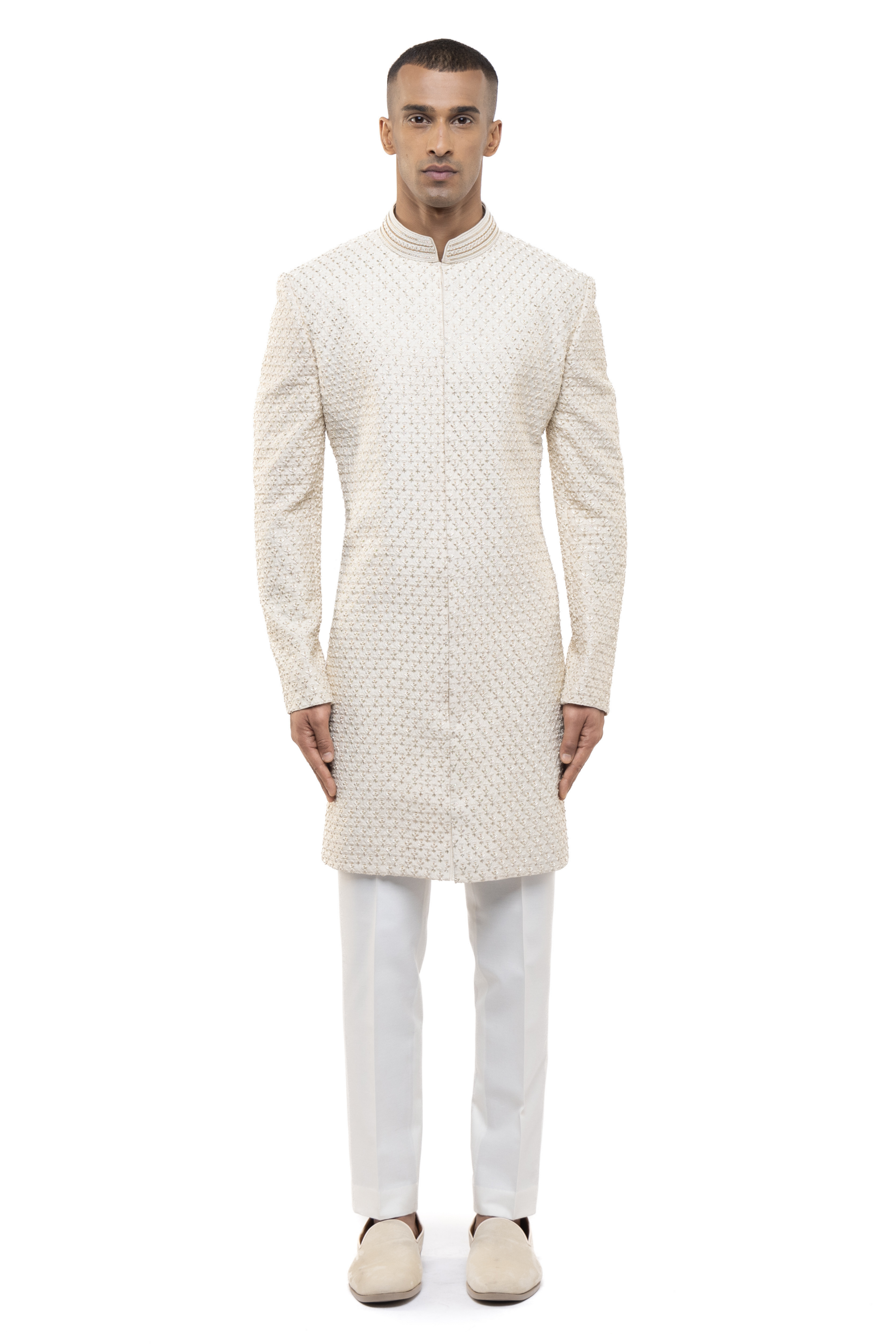 Off-White Silk Beaded Embroidery Sherwani Set