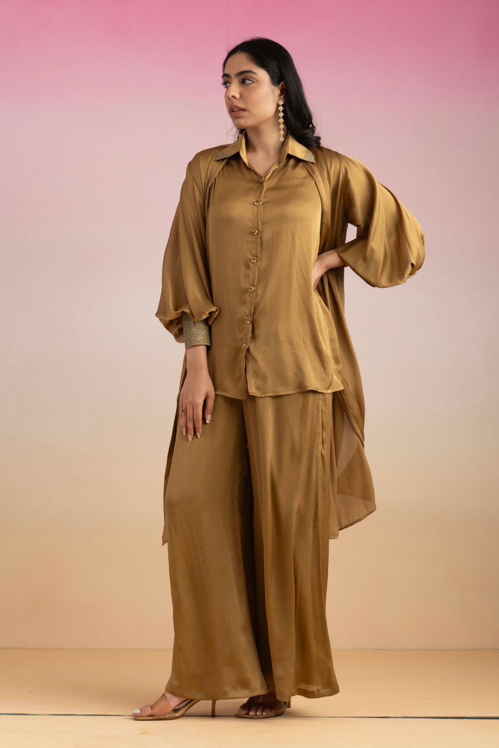 Honey Gold Kajal Chiffon Co-ord Set with Flowy Shrug & Pants