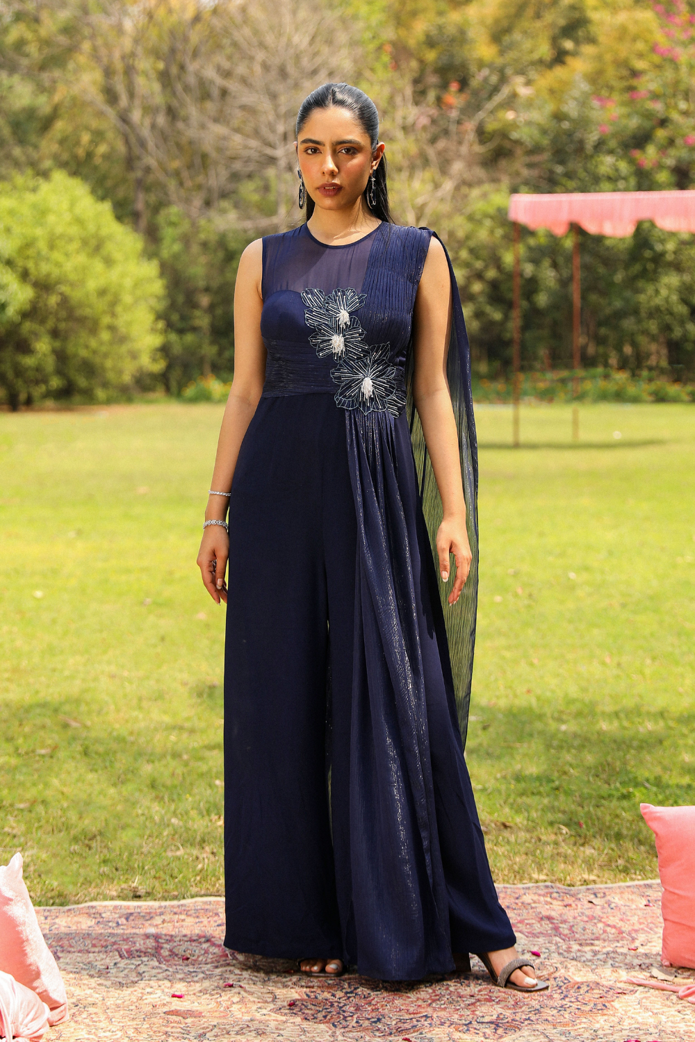 Navy Blue Sanam Flora Embroidered Flared Jumpsuit with Pleat Drape