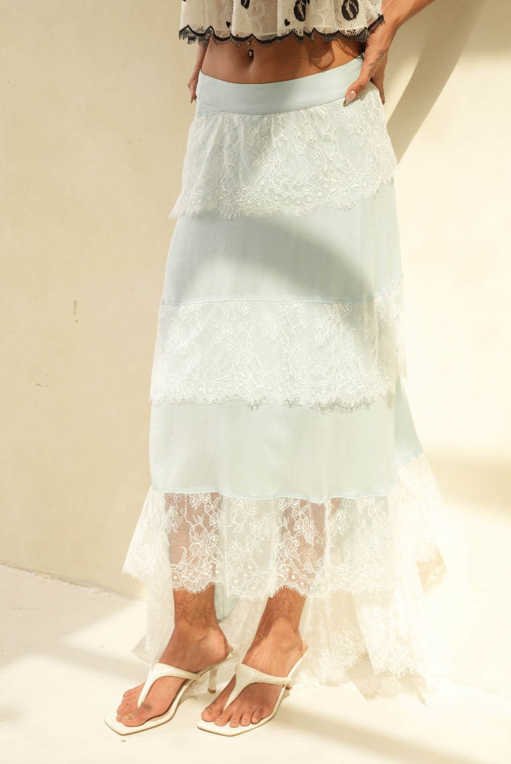 Moonstone Blue Pastel Layered Skirt with Romantic Airy Lace