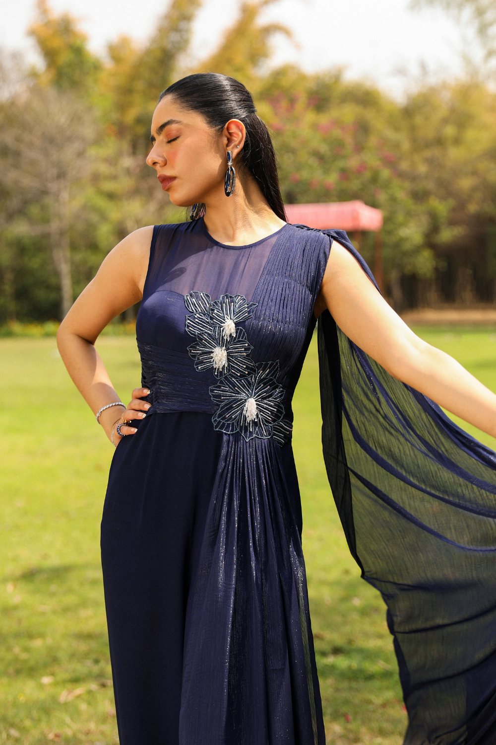 Navy Blue Sanam Flora Embroidered Flared Jumpsuit with Pleat Drape