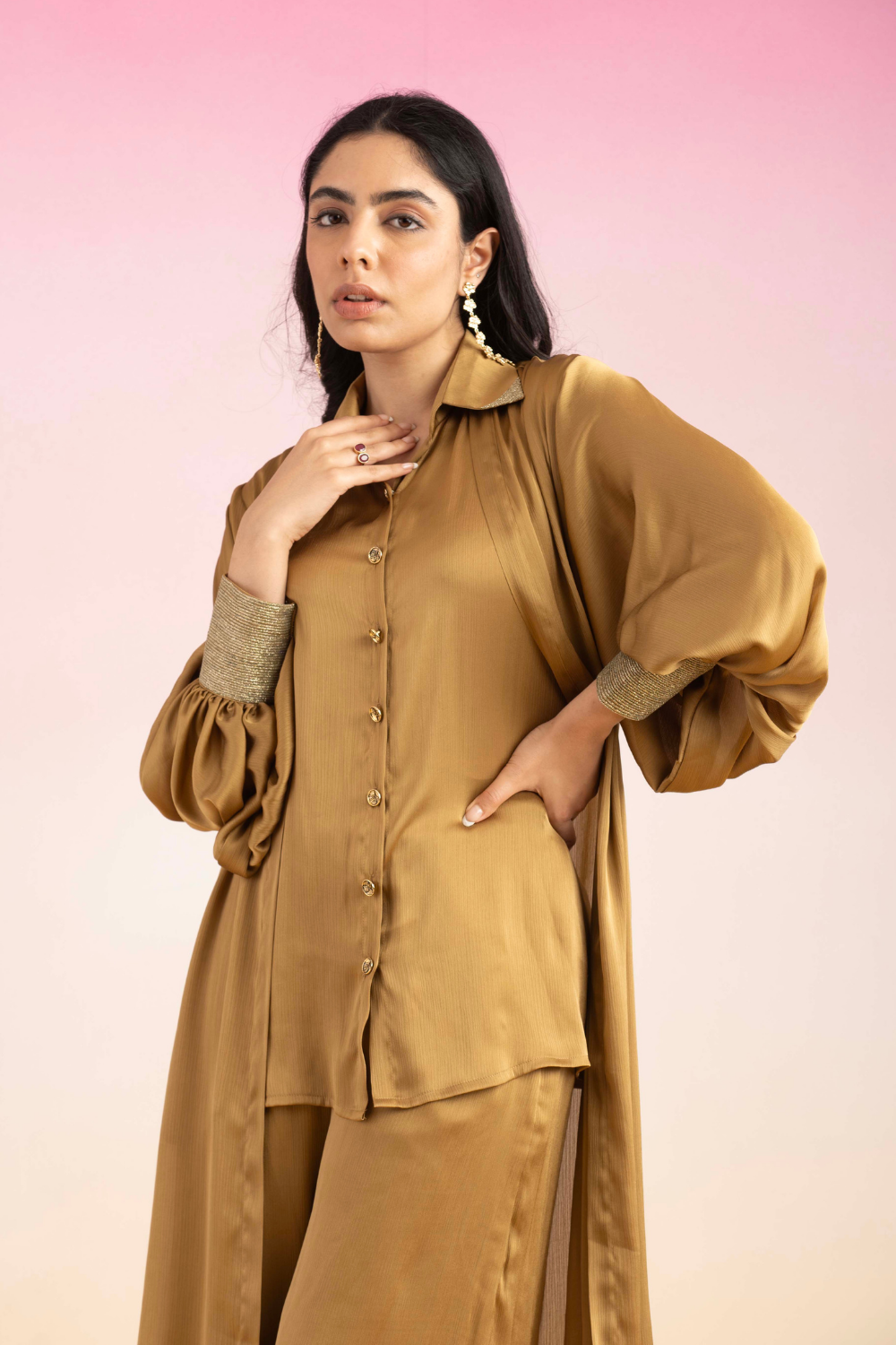 Honey Gold Kajal Chiffon Co-ord Set with Flowy Shrug & Pants