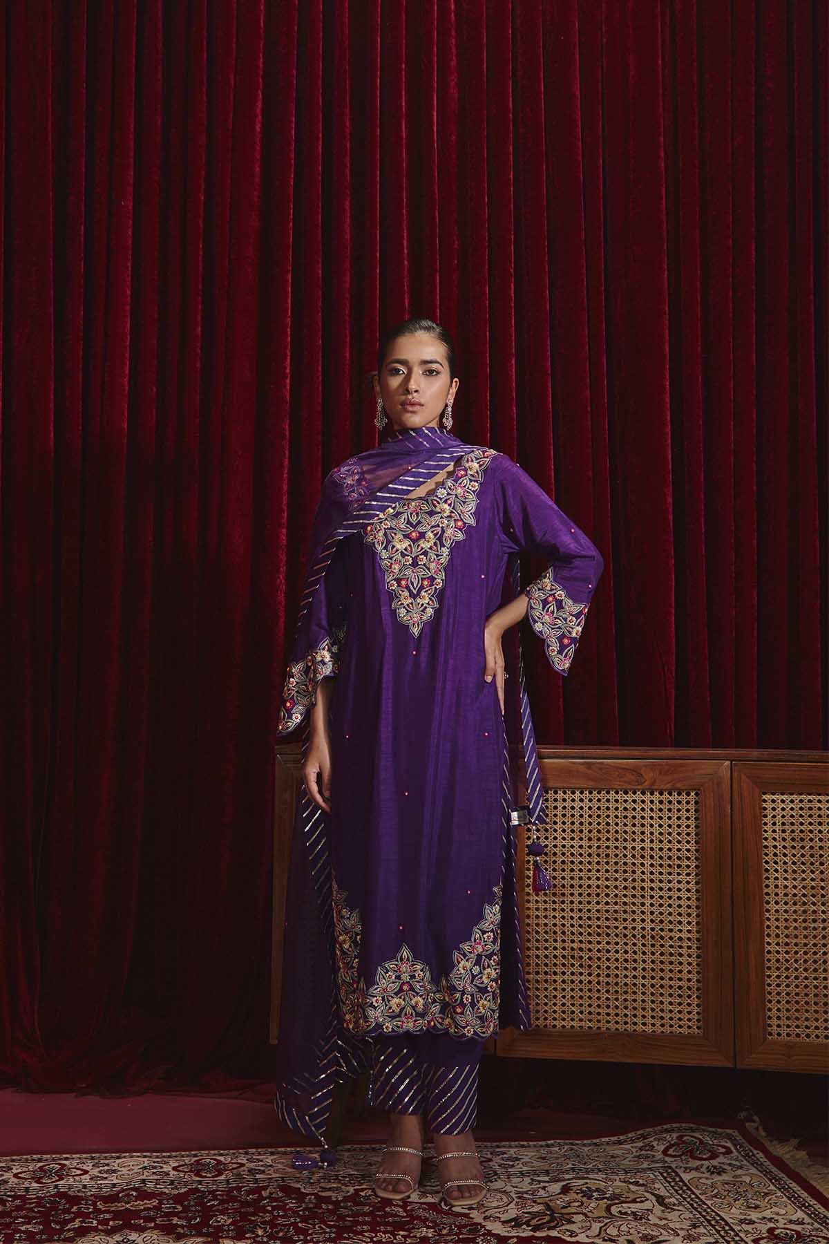Purple Embroidered Dupion Silk Kurta Set - Luxury Occasion Wear