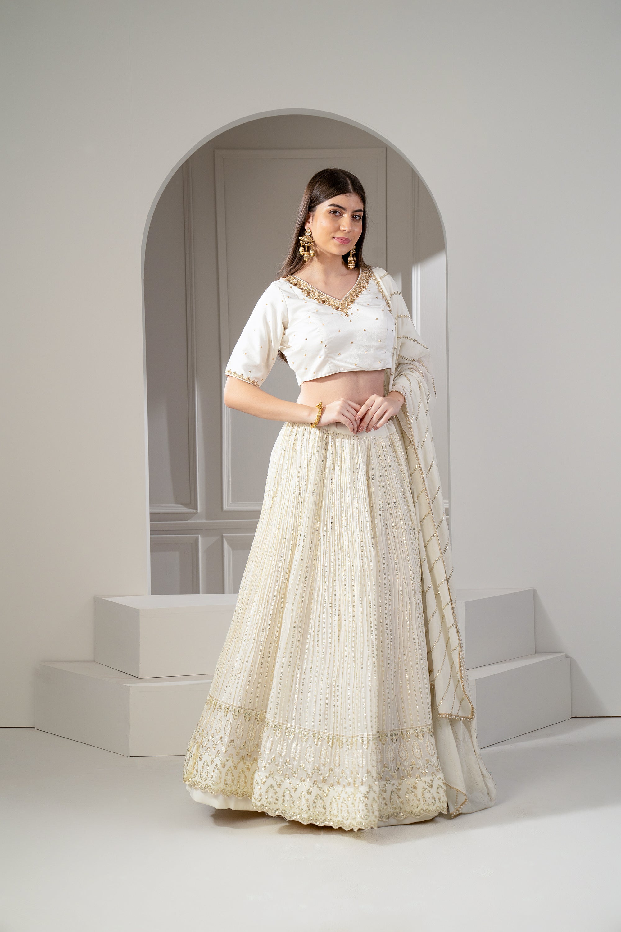 Fairy White Sequinned Georgette Lehenga Set