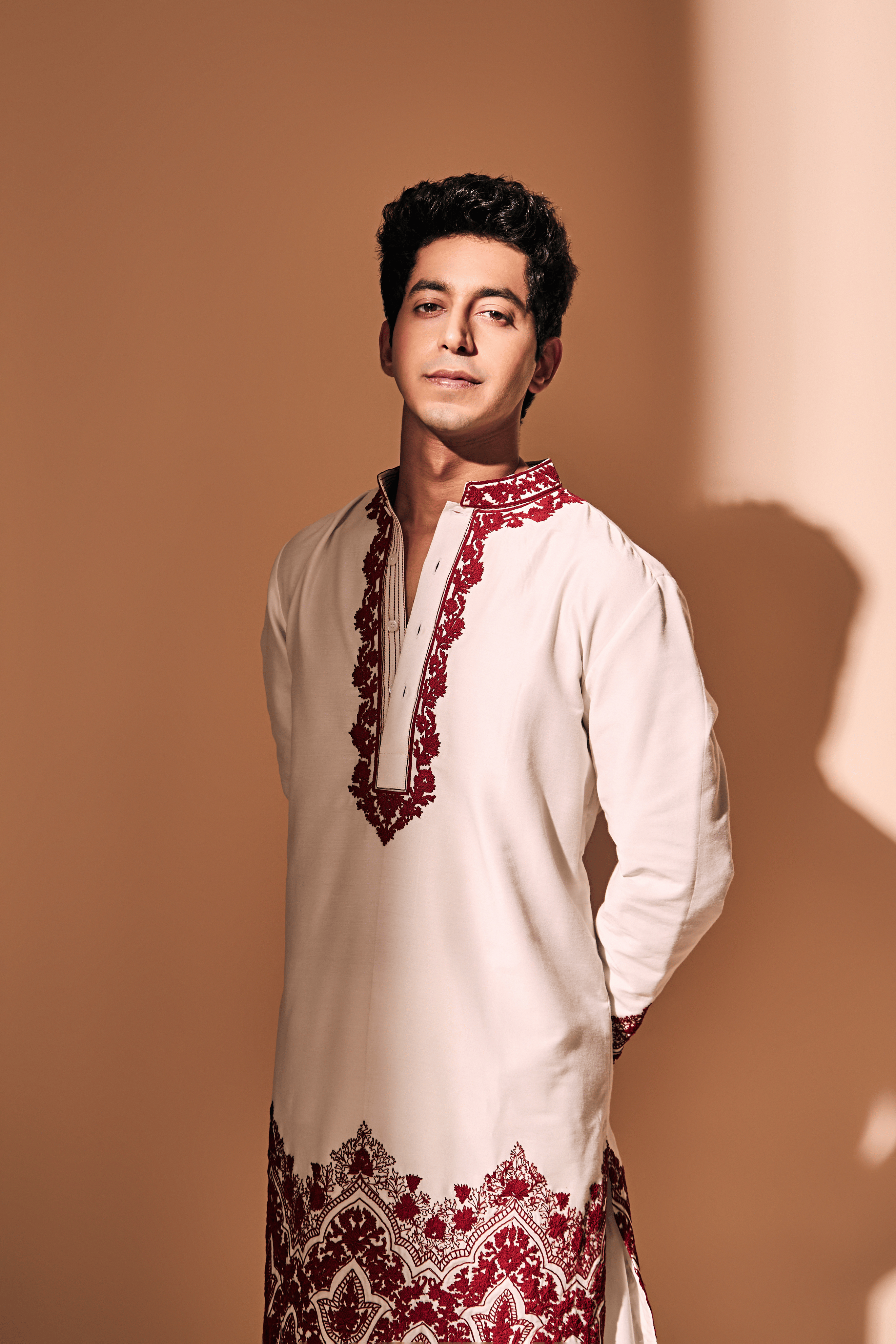 White & Red Silk Dori Embroidery Kurta Set