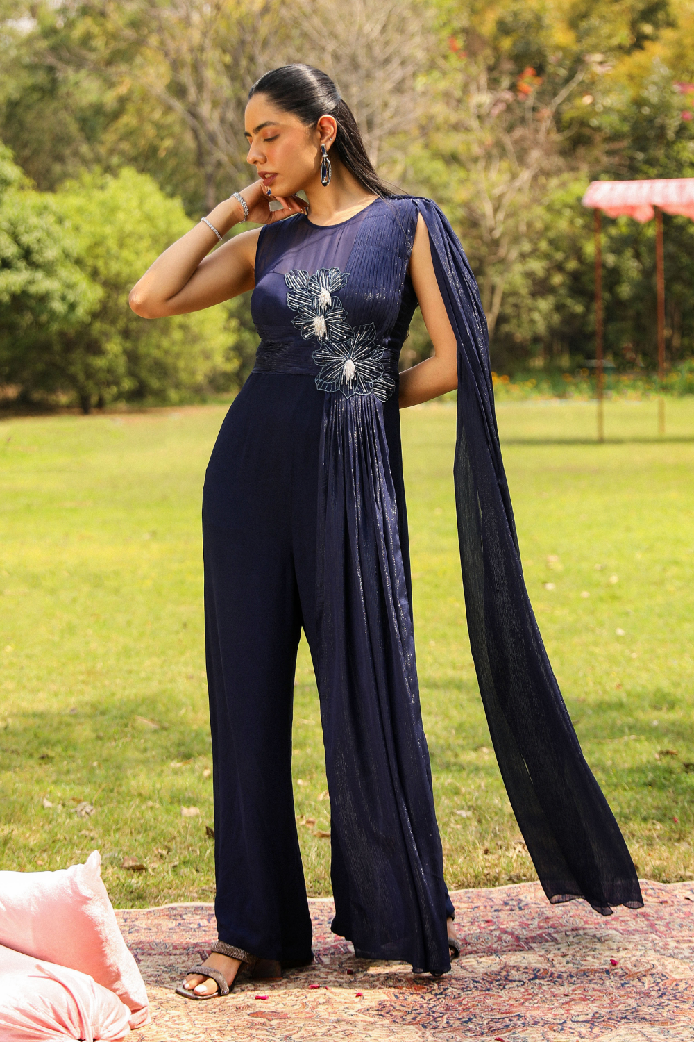 Navy Blue Sanam Flora Embroidered Flared Jumpsuit with Pleat Drape
