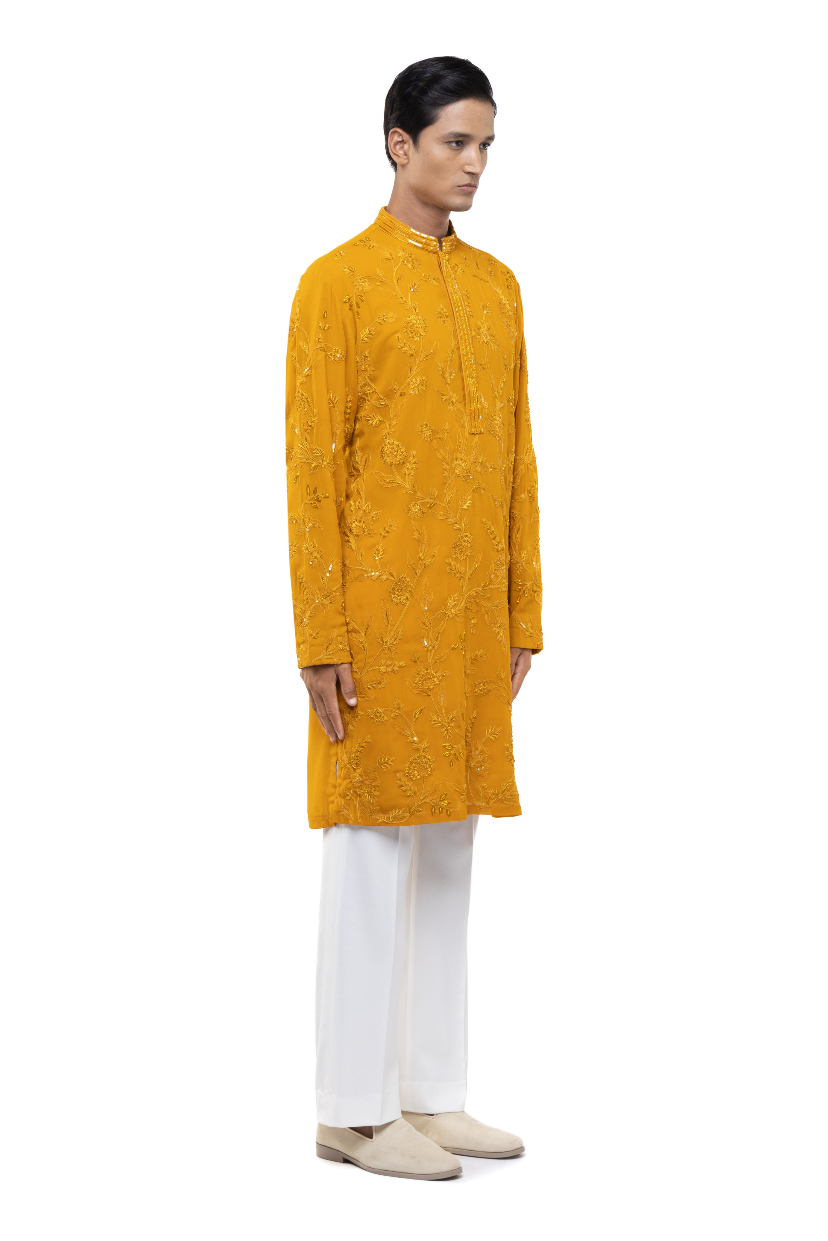 Yellow Georgette Floral Embroidery Kurta Set