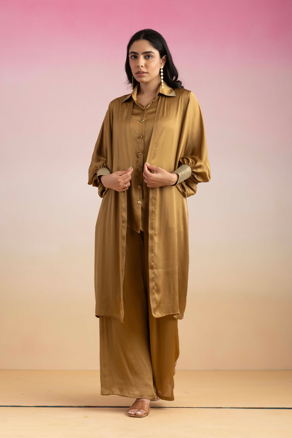 Honey Gold Kajal Chiffon Co-ord Set with Flowy Shrug & Pants