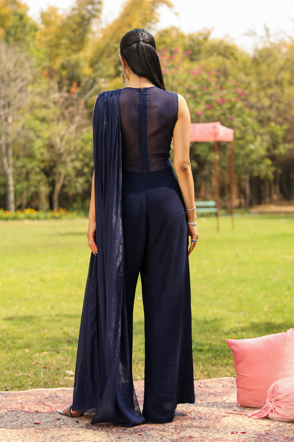 Navy Blue Sanam Flora Embroidered Flared Jumpsuit with Pleat Drape