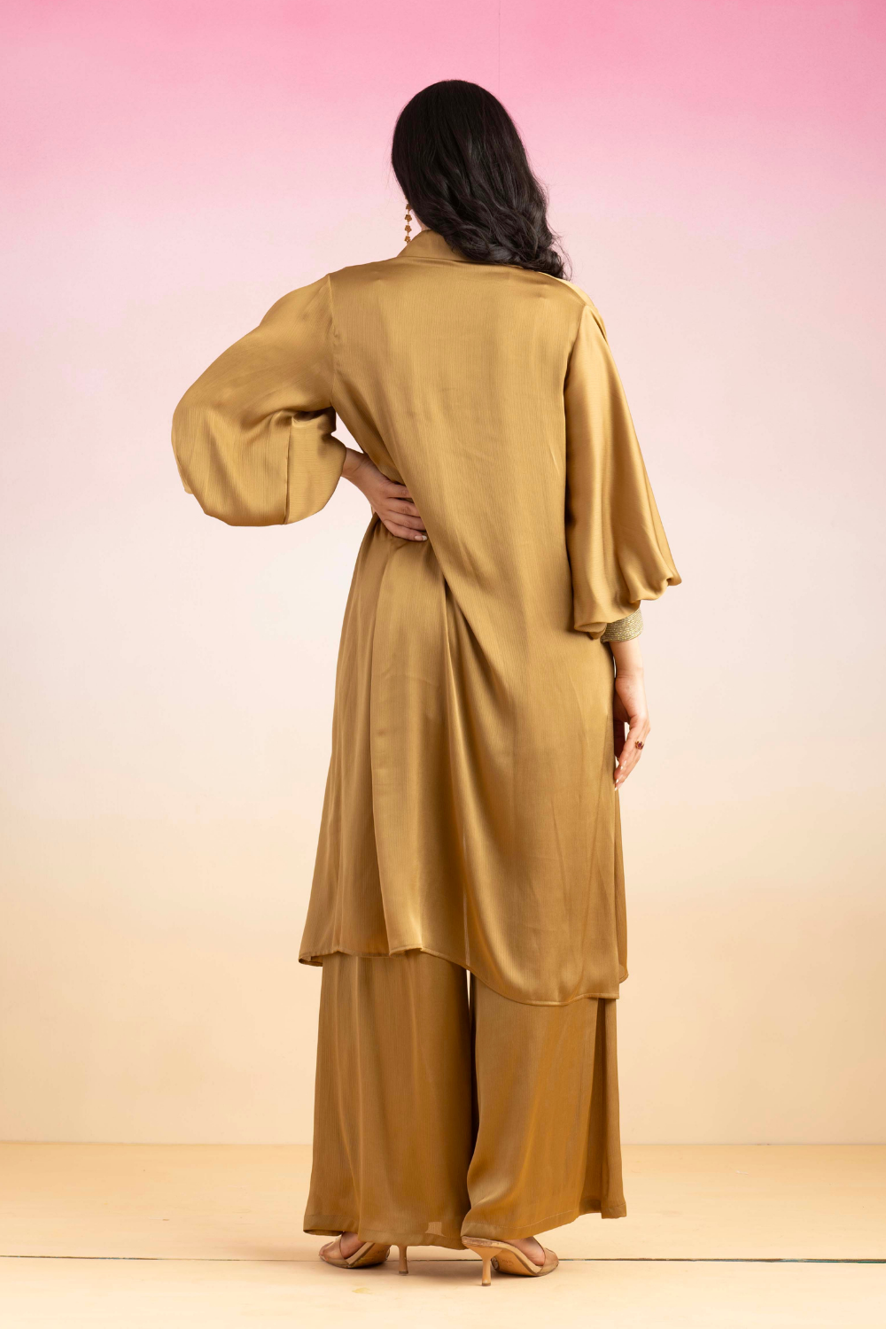 Honey Gold Kajal Chiffon Co-ord Set with Flowy Shrug & Pants