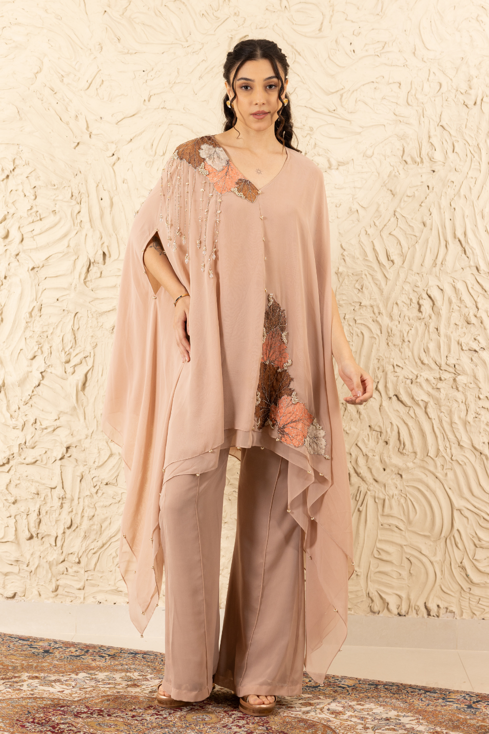 Barkha Nude Georgette Co-ord Set with Applique Cape & Flared Pants