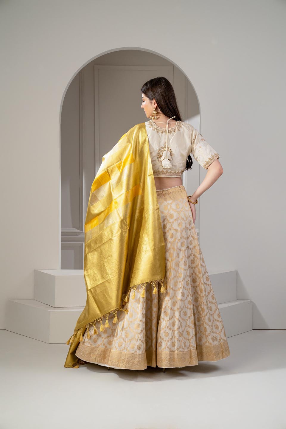 Sunglow Golden And Beige Banarasi Silk Zari Embroidered Lehenga Set. - Auraya Fashion -  - #tag1# - #tag2# - #tag3# - #tag3#