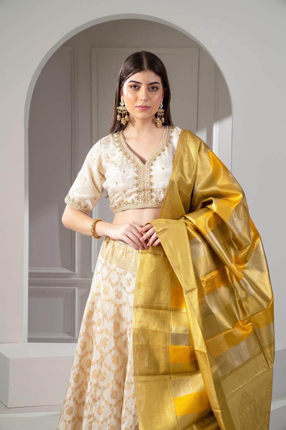 Sunglow Golden And Beige Banarasi Silk Zari Embroidered Lehenga Set. - Auraya Fashion -  - #tag1# - #tag2# - #tag3# - #tag3#