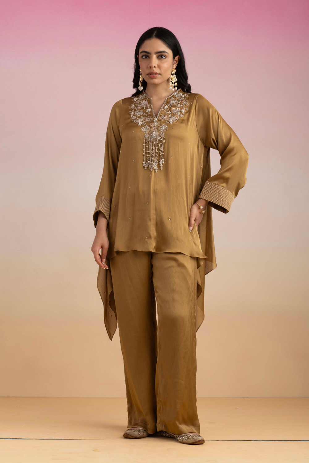 Honey Gold Jhilmil Cape Set with Jewelled Neckline & Palazzo
