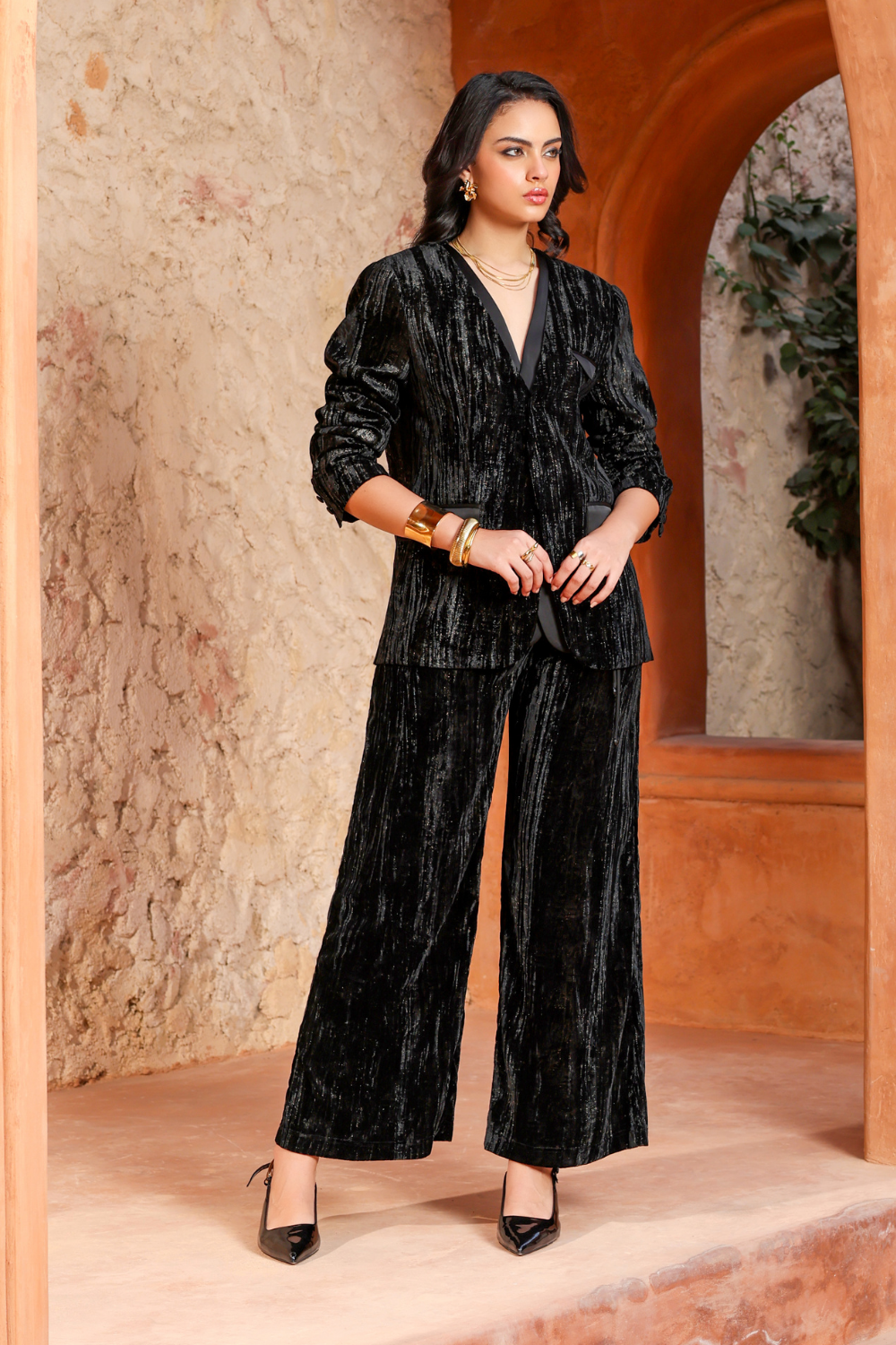 Black Shimmer Lurex Velvet Suit Co-ord Set - Luxury Party Wear