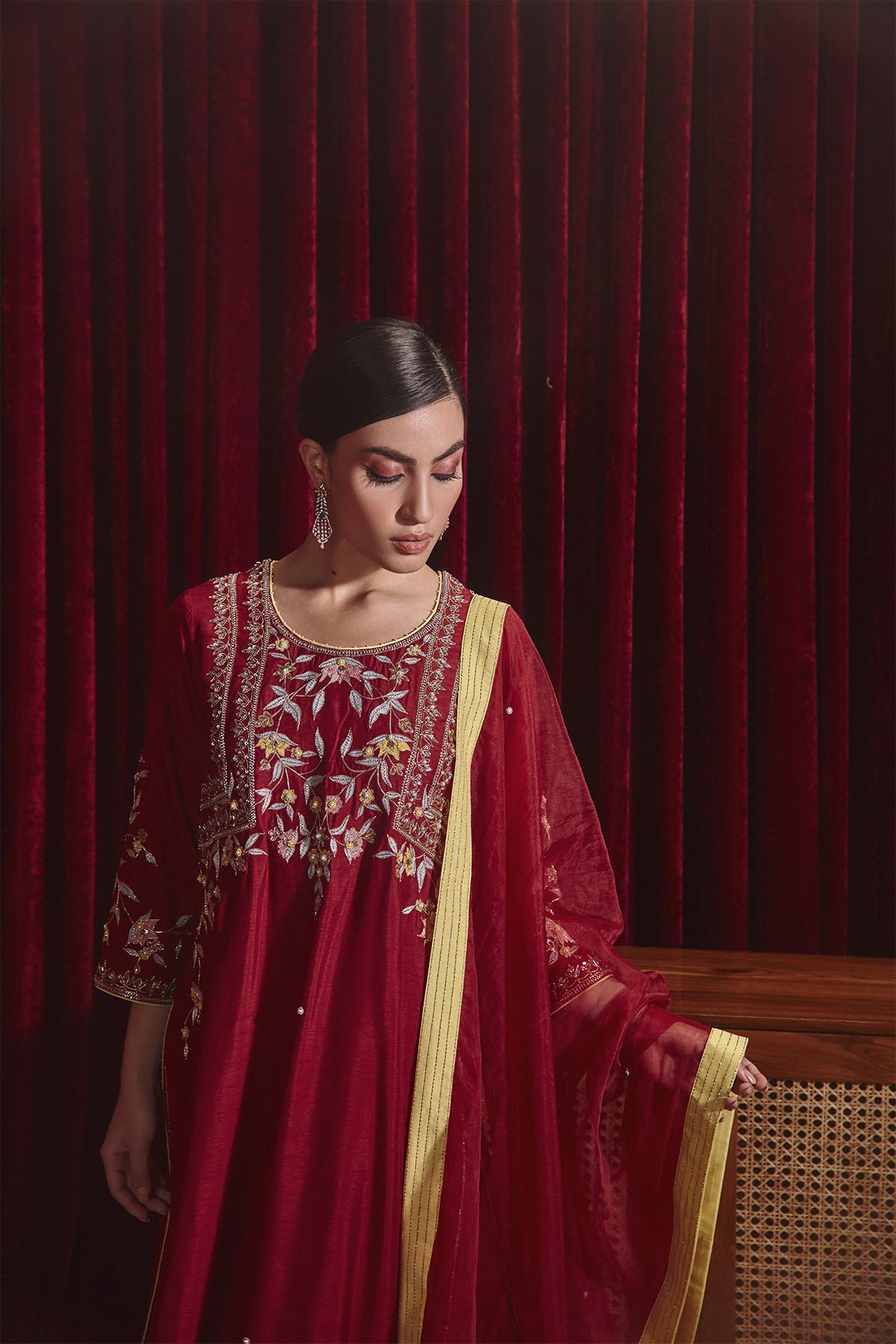 Preeti Wine Embroidered Dupion Silk Straight Kurta Set for Weddings