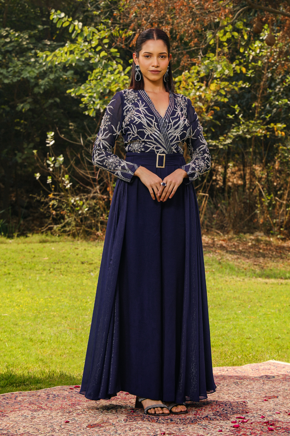 Navy Blue Flora Embroidered Flared Jumpsuit in Flowy Georgette