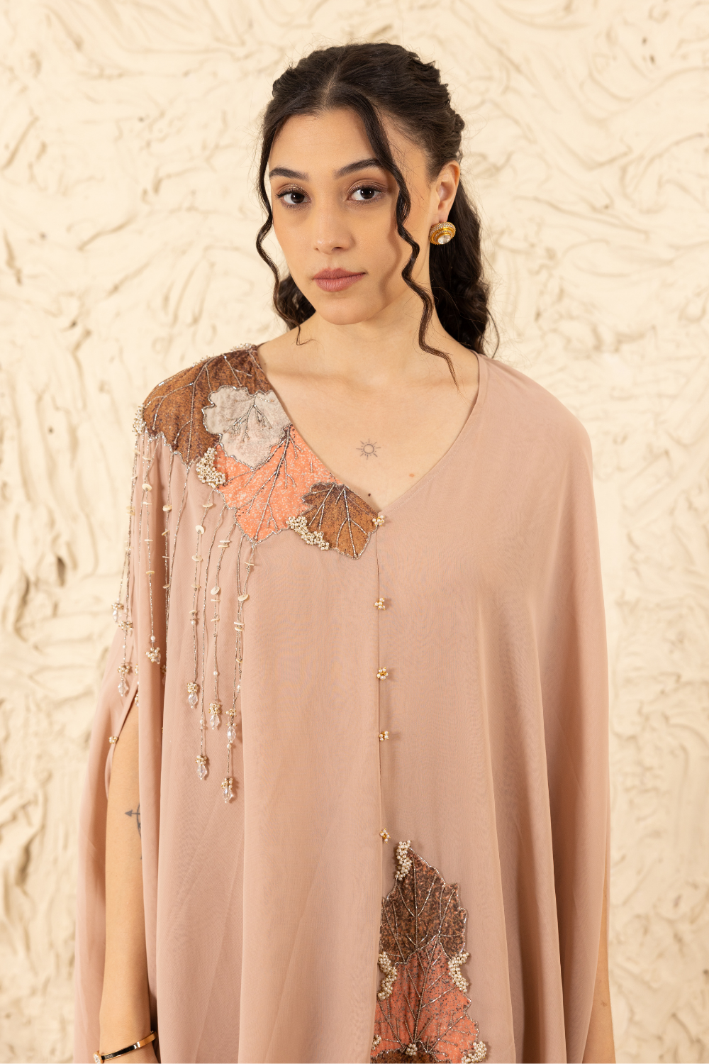 Barkha Nude Georgette Co-ord Set with Applique Cape & Flared Pants