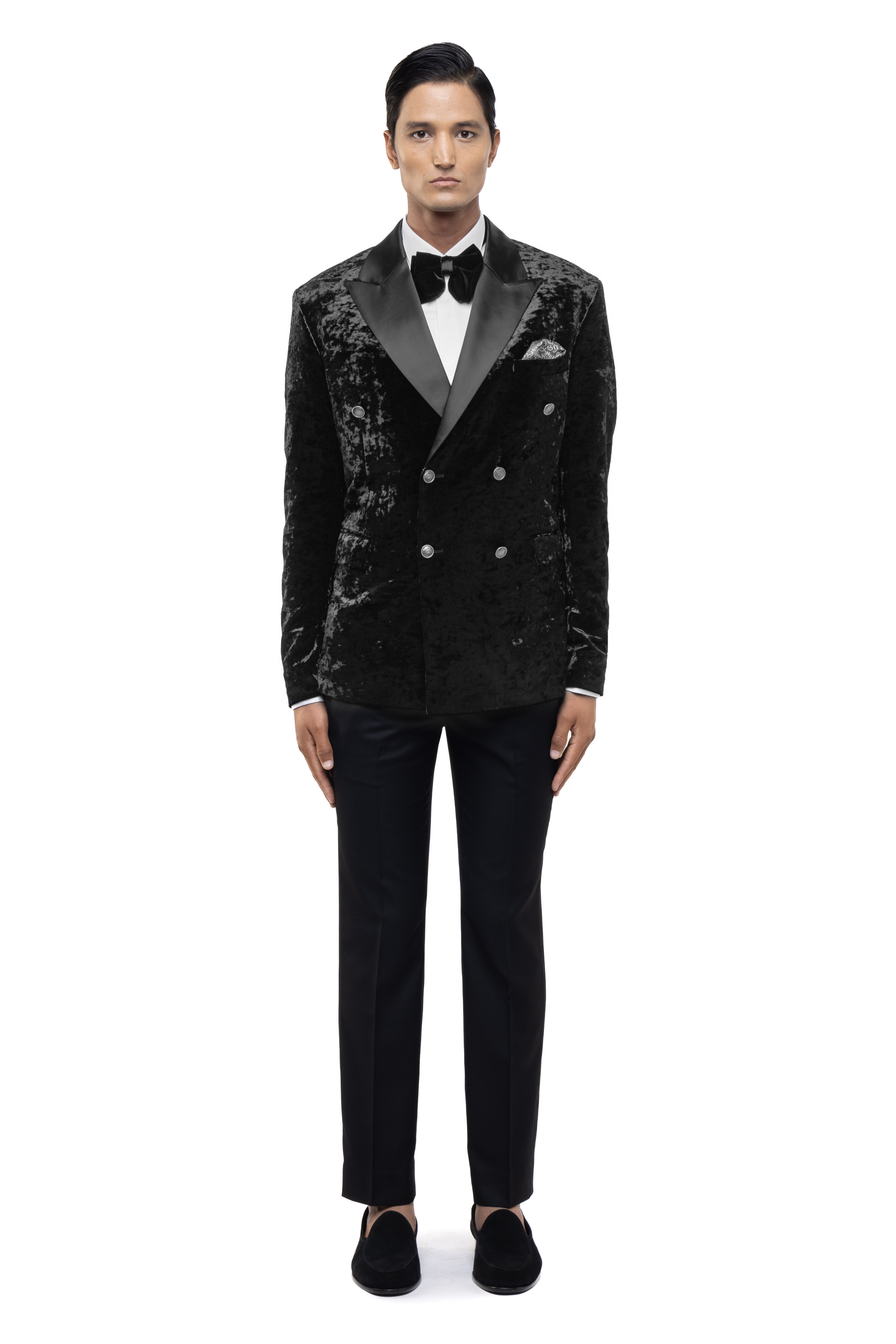 Black Velvet Metallic Buttons Peak Lapel Tuxedo Set