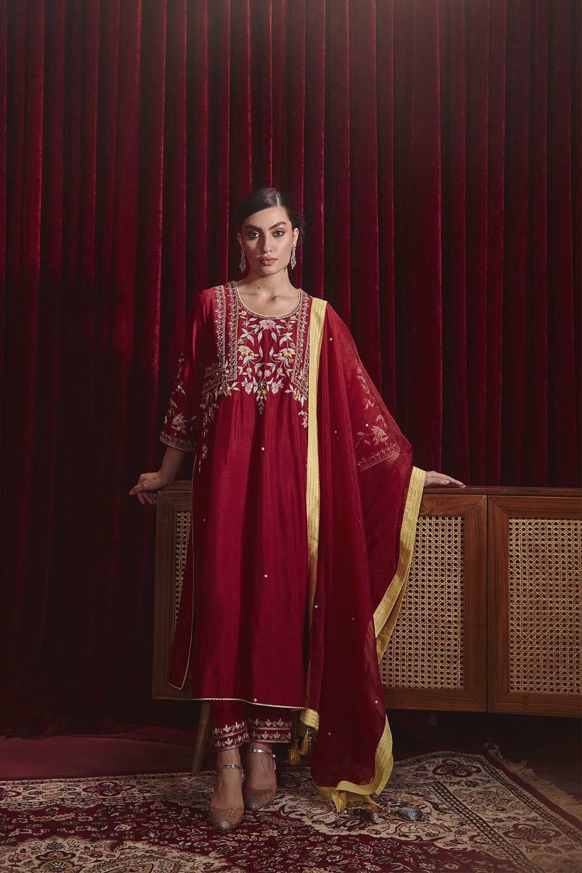 Preeti Wine Embroidered Dupion Silk Straight Kurta Set for Weddings