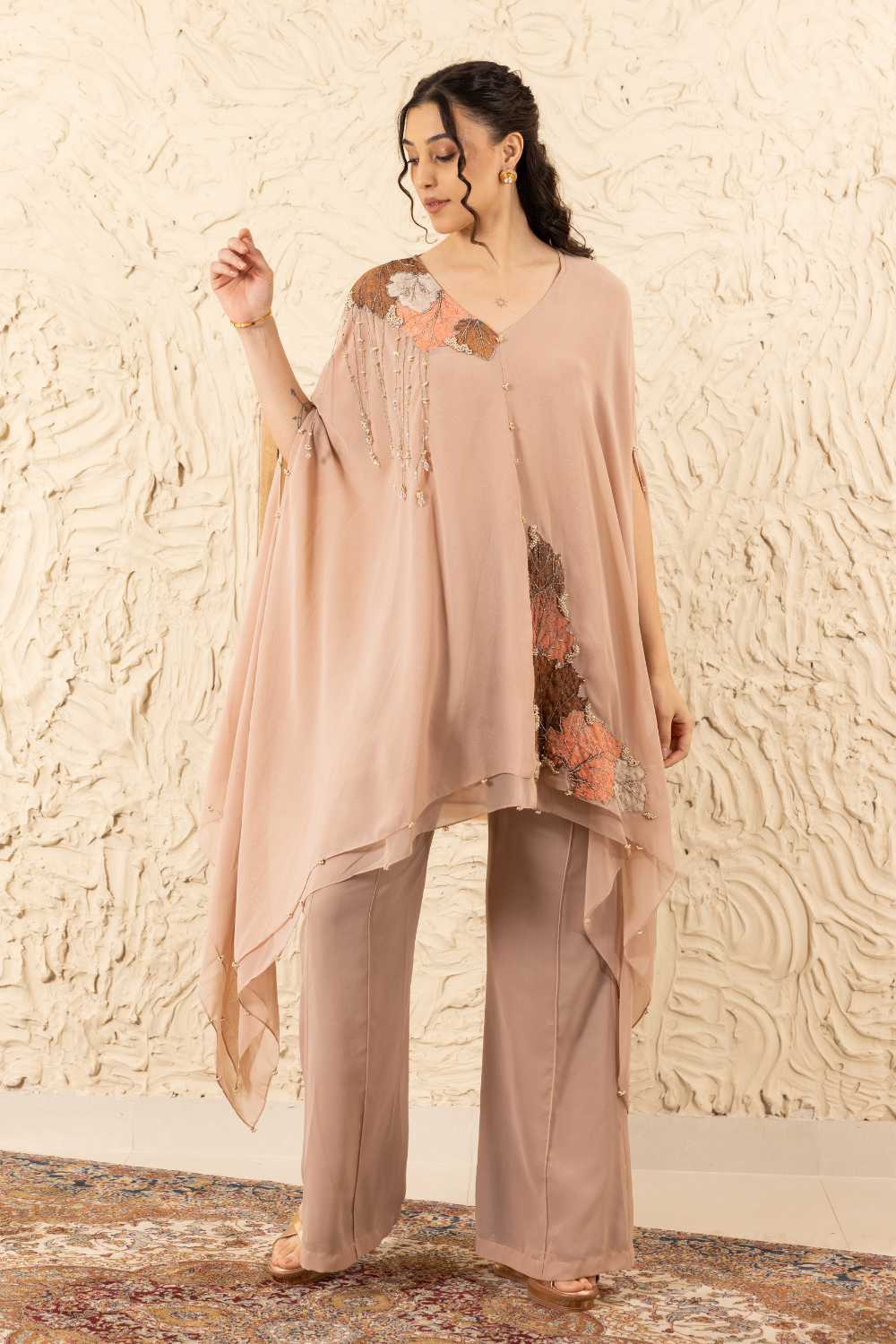Barkha Nude Georgette Co-ord Set with Applique Cape & Flared Pants