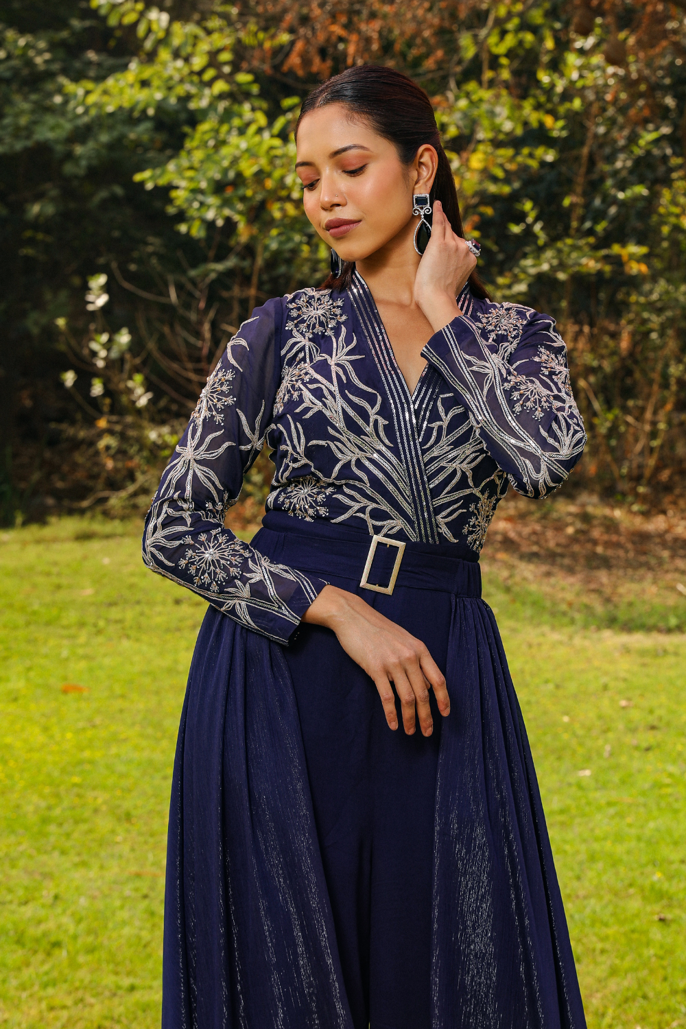 Navy Blue Flora Embroidered Flared Jumpsuit in Flowy Georgette