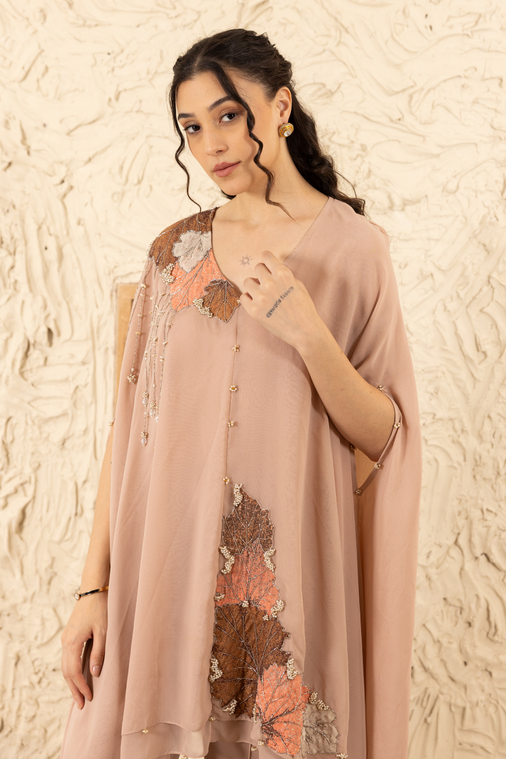 Barkha Nude Georgette Co-ord Set with Applique Cape & Flared Pants