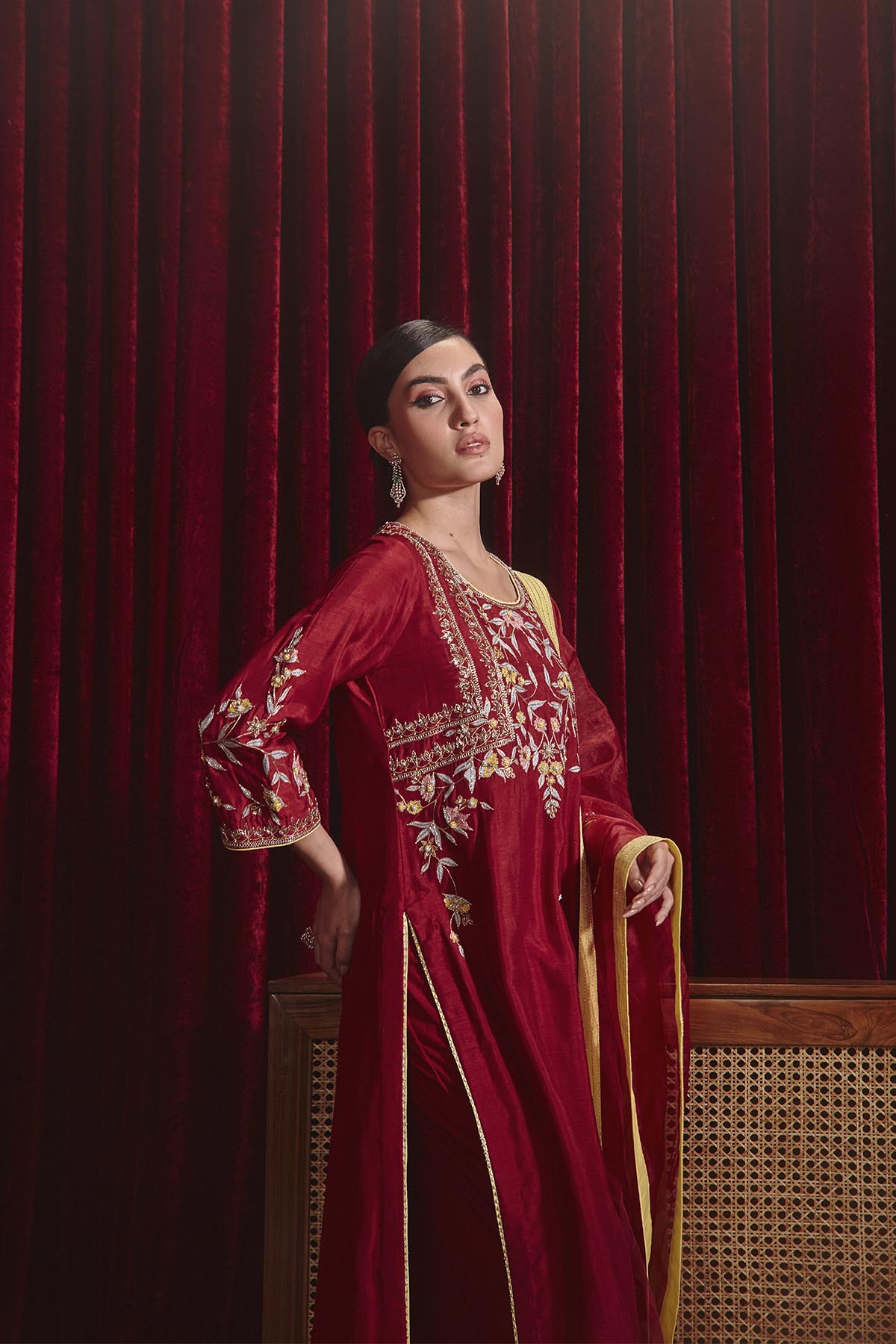Preeti Wine Embroidered Dupion Silk Straight Kurta Set for Weddings