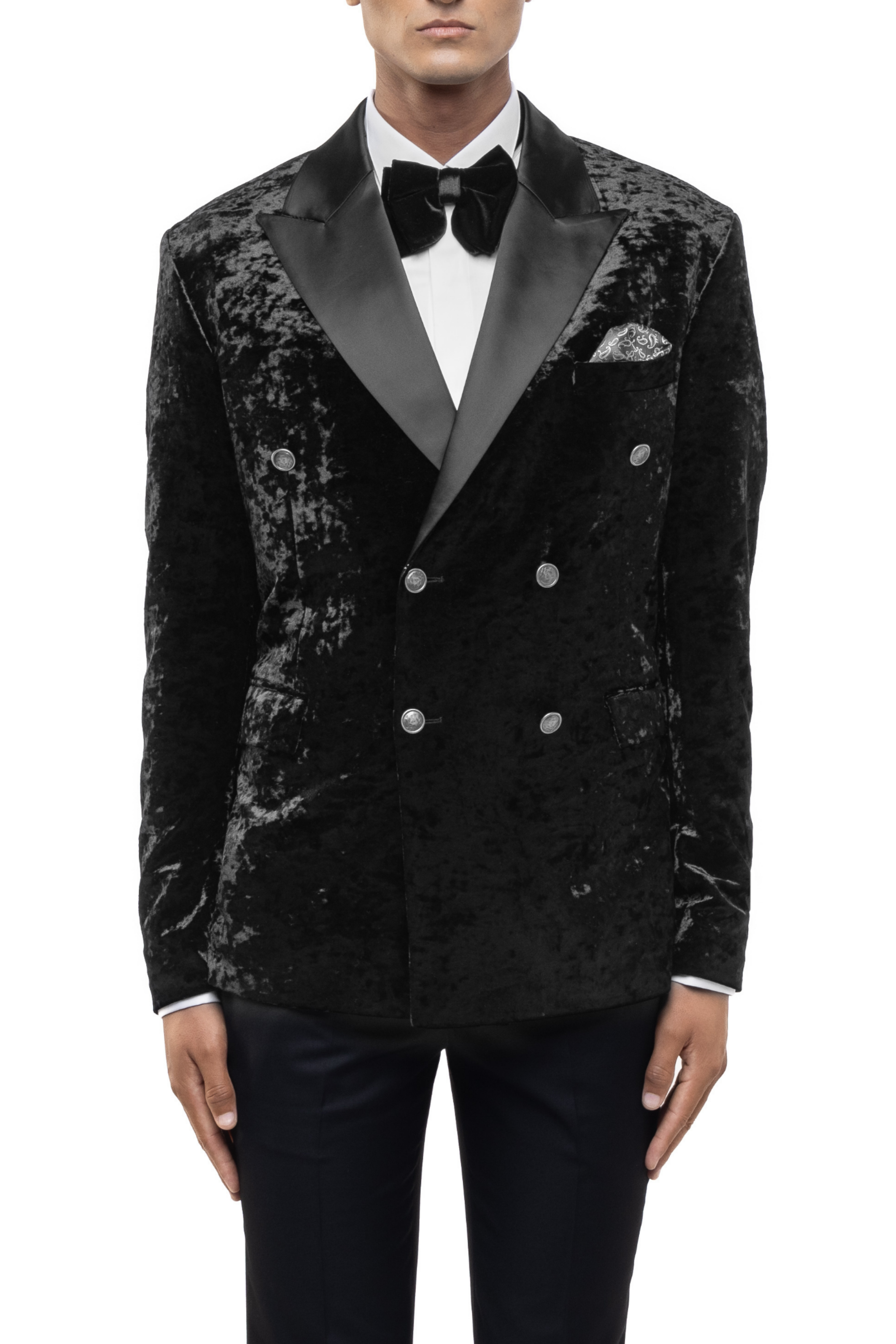 Black Velvet Metallic Buttons Peak Lapel Tuxedo Set