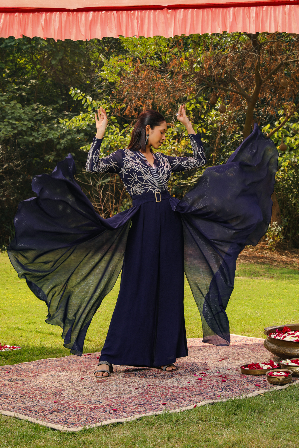Navy Blue Flora Embroidered Flared Jumpsuit in Flowy Georgette