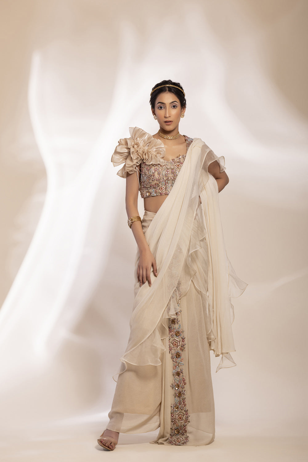 Gold Shimmer Georgette Saree With Embellished Border And Sheer Ruffle, One–Strap Blouse With Puff Sleeve. - Auraya Fashion - Gee Sin by Geetanjali - 